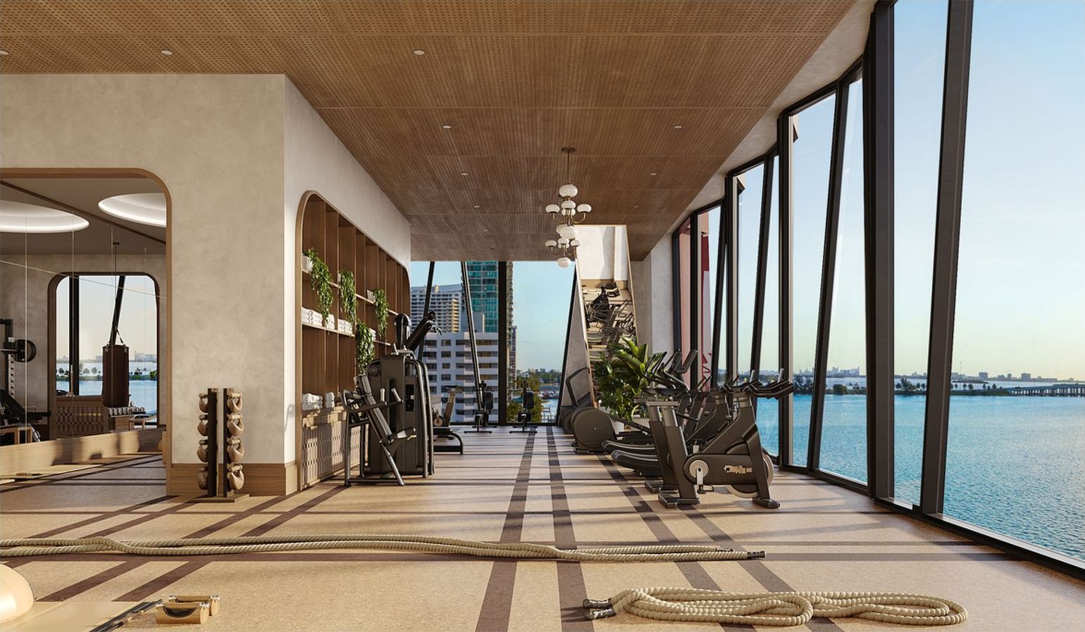 The fitness studio along the window wall at Villa Miami, developer rendering