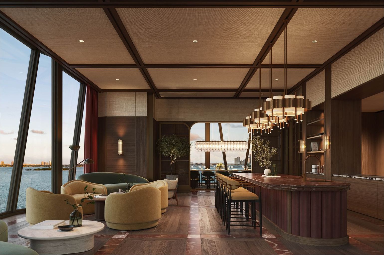 The great room and bar on the Level 3 club at Villa Miami, developer rendering