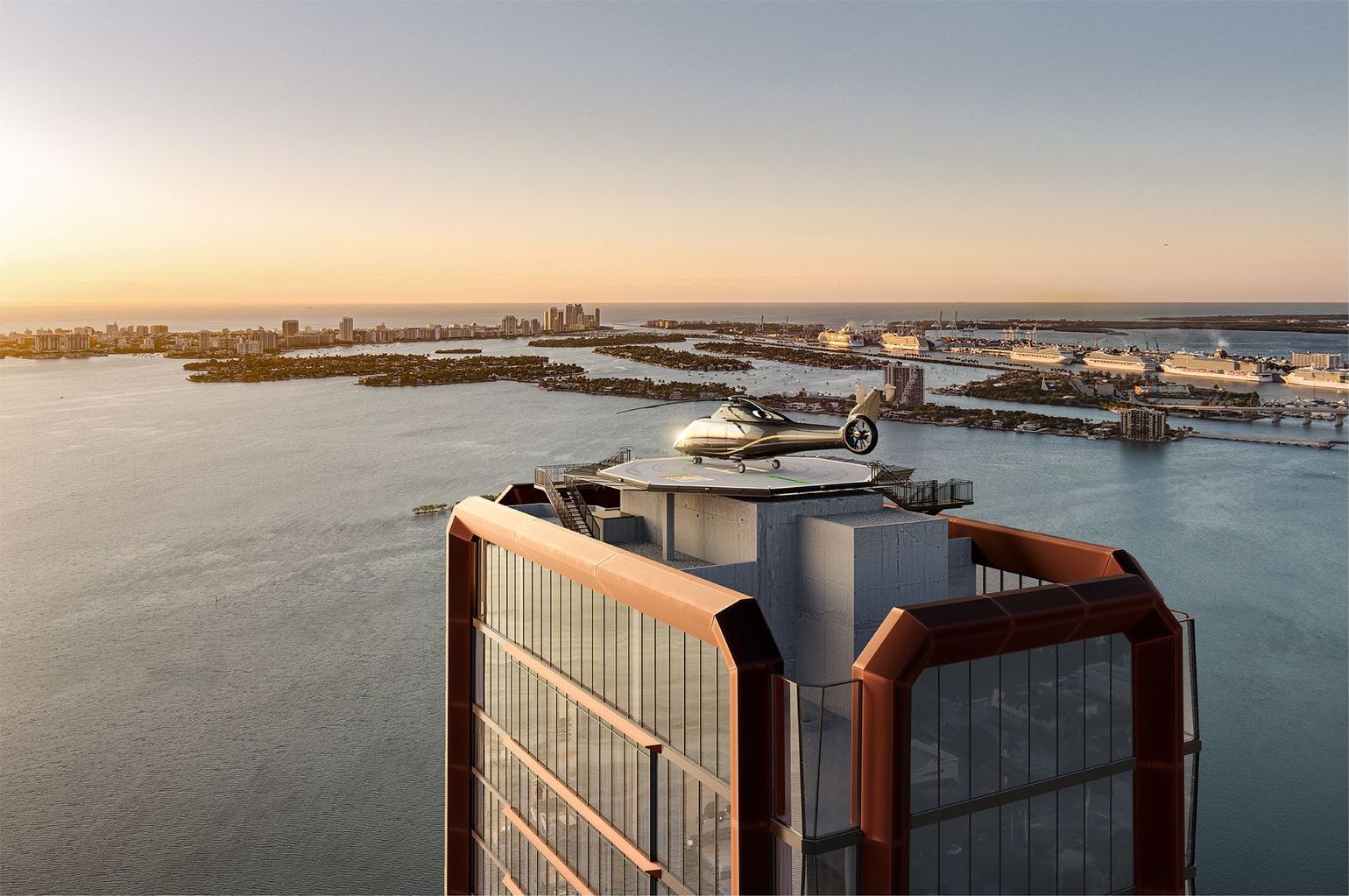 Villa Miami, the rooftop helipad above the bay, developer rendering