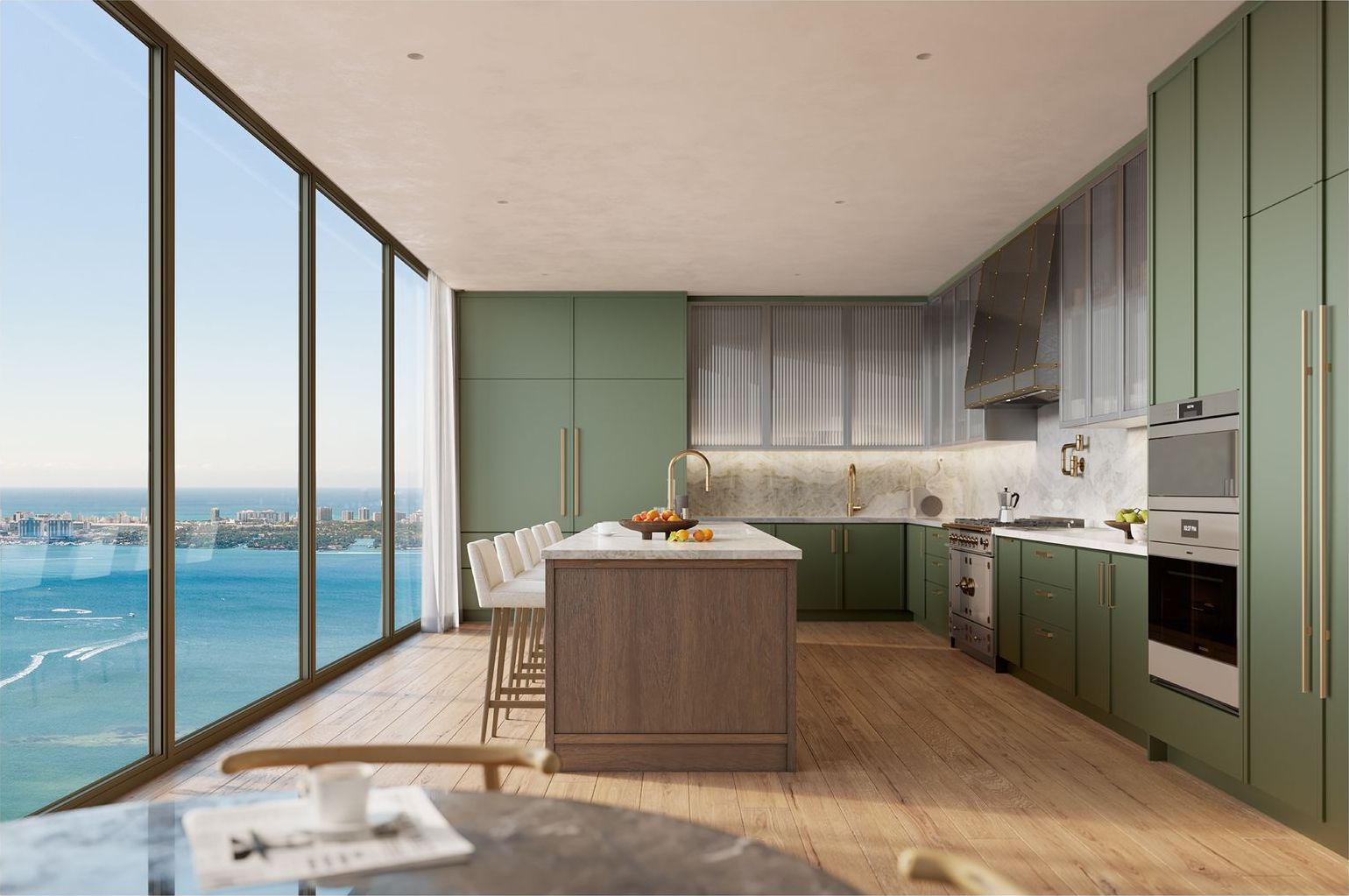 Kitchen with green lacquer cabinetry and a wood island facing the bay at Villa Miami, developer rendering