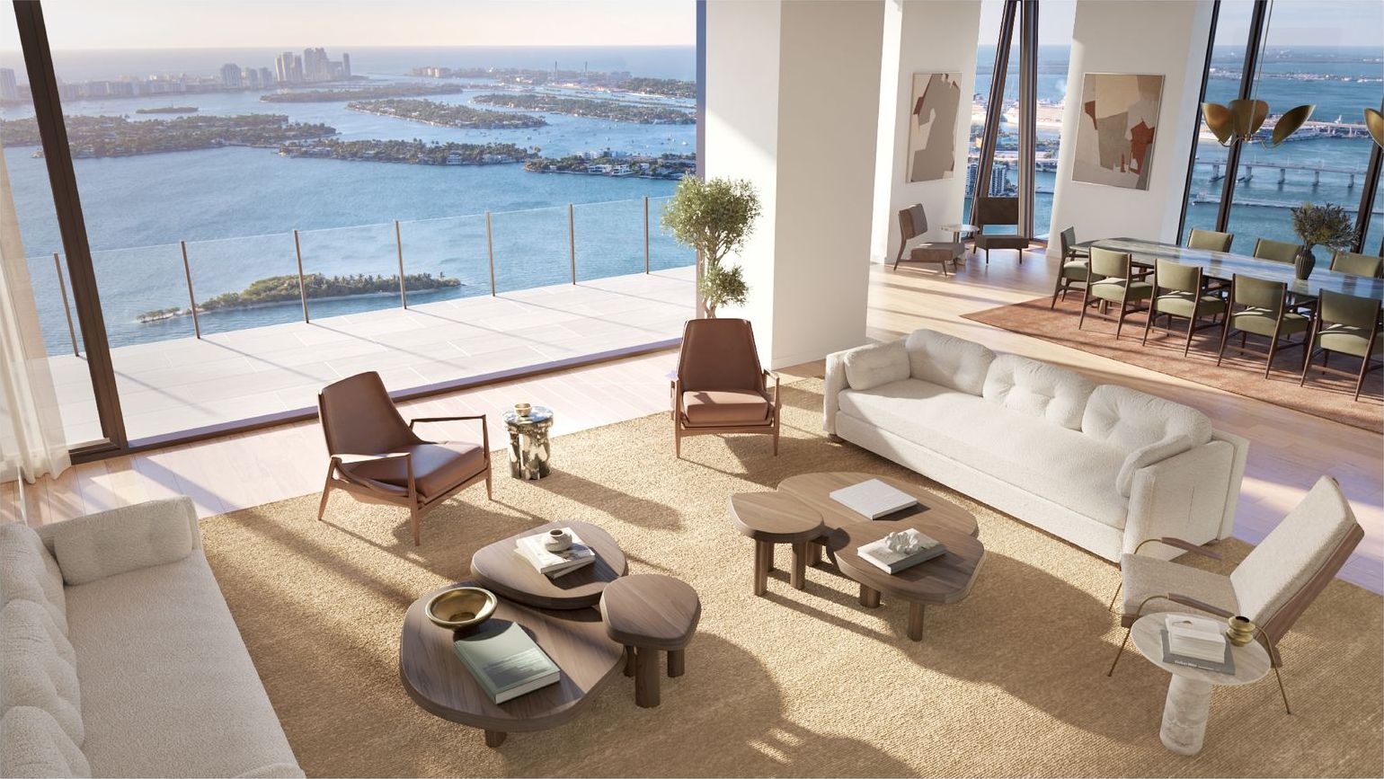 Villa Miami, living room and terrace from above, developer rendering