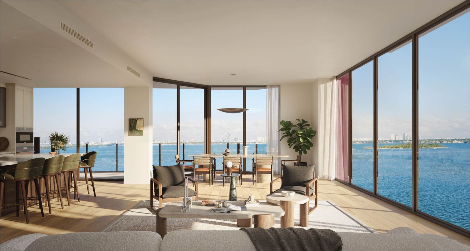 Living area of a Villa Mezzo half floor on the 01 line with the bay beyond, developer rendering