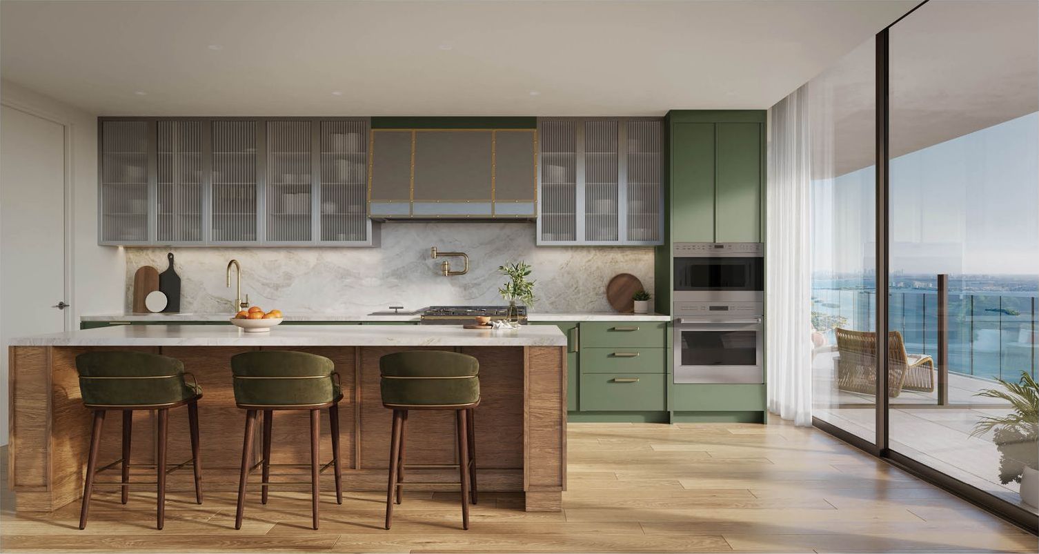Villa Miami, Villa Mezzo kitchen in green lacquer, developer rendering